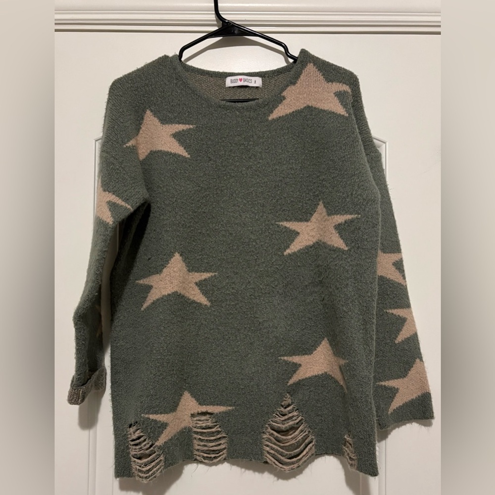 Buddy Love Sweater Army Green With Khaki Stars  And Distressing Size Medium